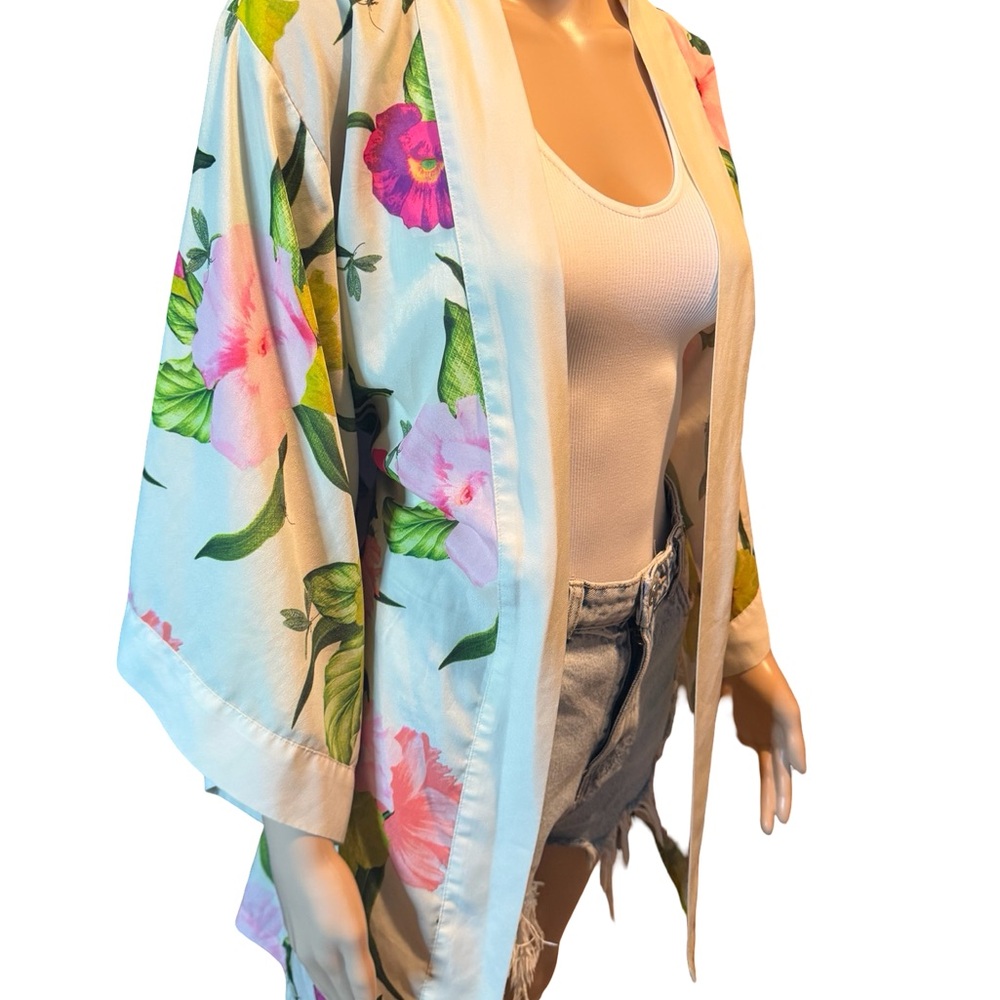 Ted Baker White Floral Open Kimono with Pink & Green Blooms
